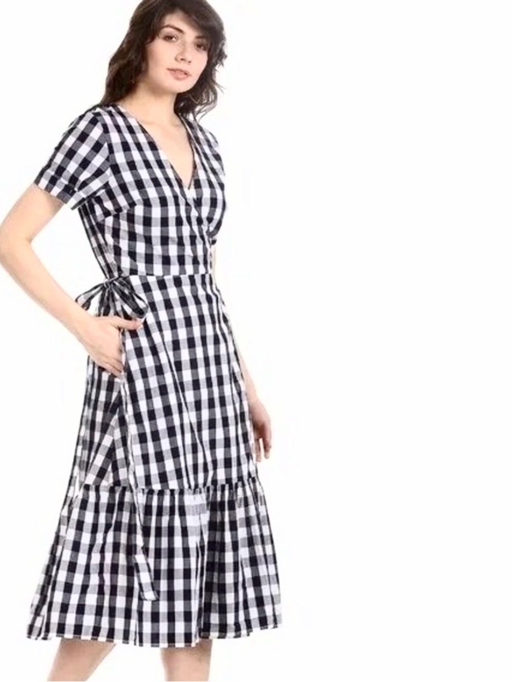 GAP Gingham Wrap Midi Dress Ruffle Hem Cotton Navy Blue White Gingham Size M